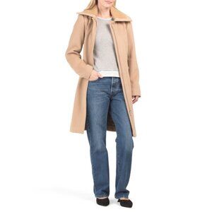 SAM EDELMAN Camel Wool Blend Asymmetrical Trench Coat With Knit Collar Inset